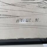 Dessin fusain sur papier vélin "HAUVILLE 90" Banc dans un parc