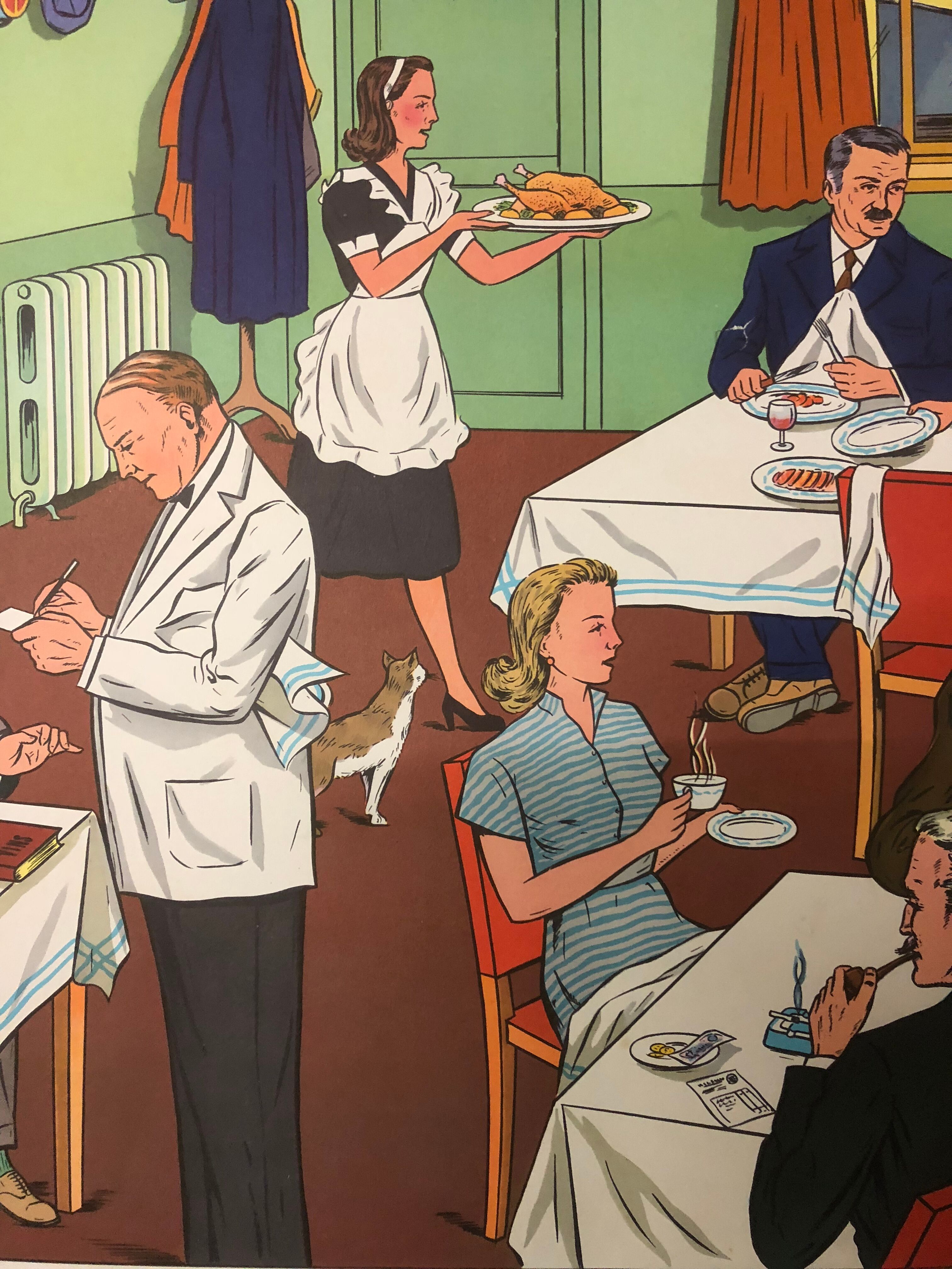 Vintage school poster of the restaurant and traffic
