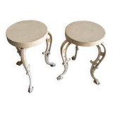 Pair of cream-white cast iron side tables with wooden tops — neoclassical shabby-chic