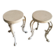 Pair of cream-white cast iron side tables with wooden tops — neoclassical shabby-chic