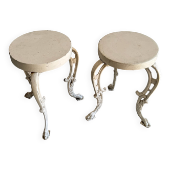 Pair of cream-white cast iron side tables with wooden tops — neoclassical shabby-chic