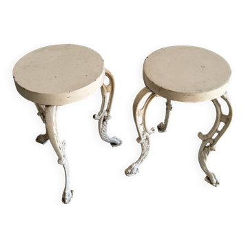 Pair of cream-white cast iron side tables with wooden tops — neoclassical shabby-chic
