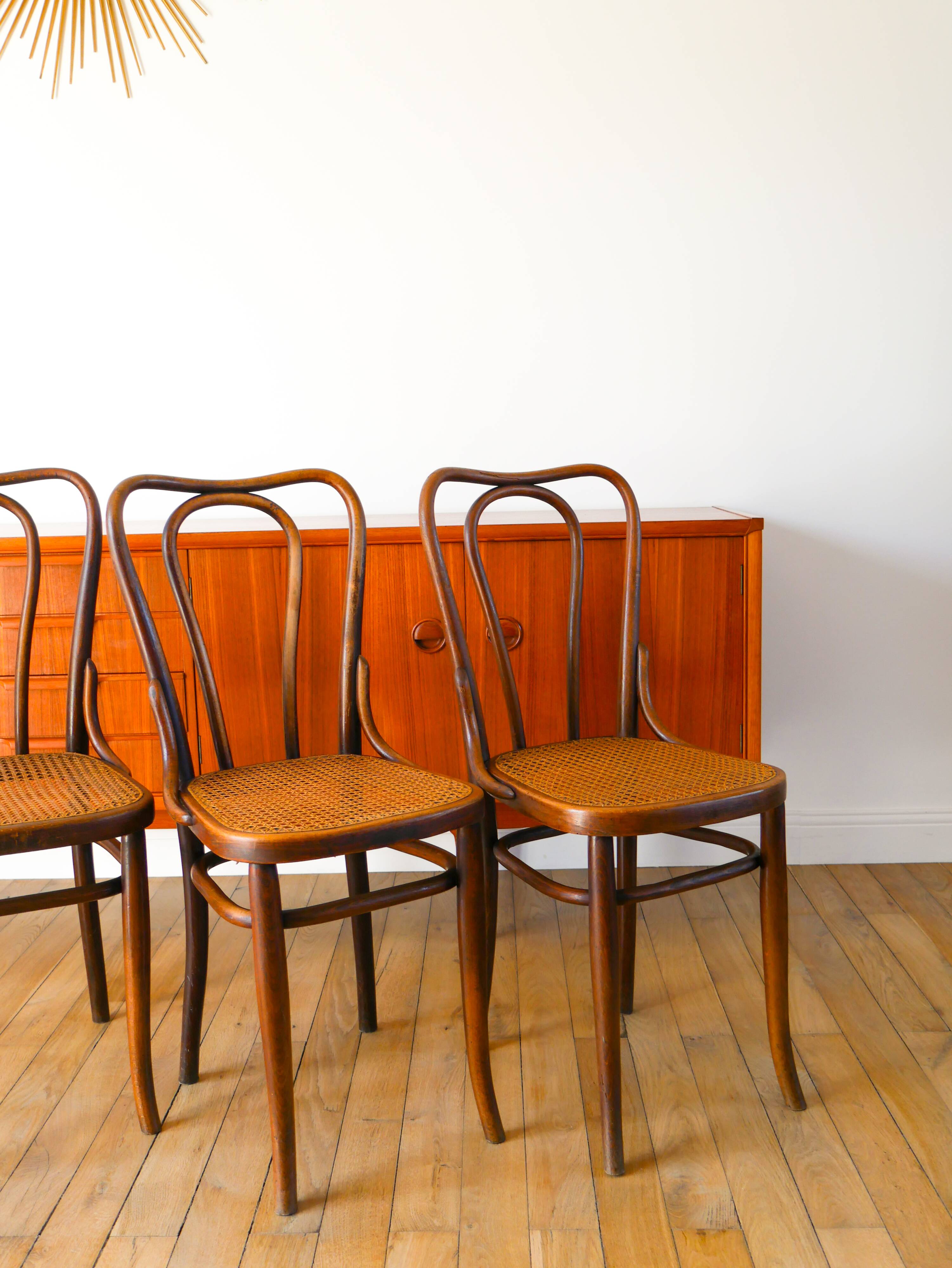 Set of 3 bistro chairs in wood and canework signed J. Kohn, Made in Austria, 20th century