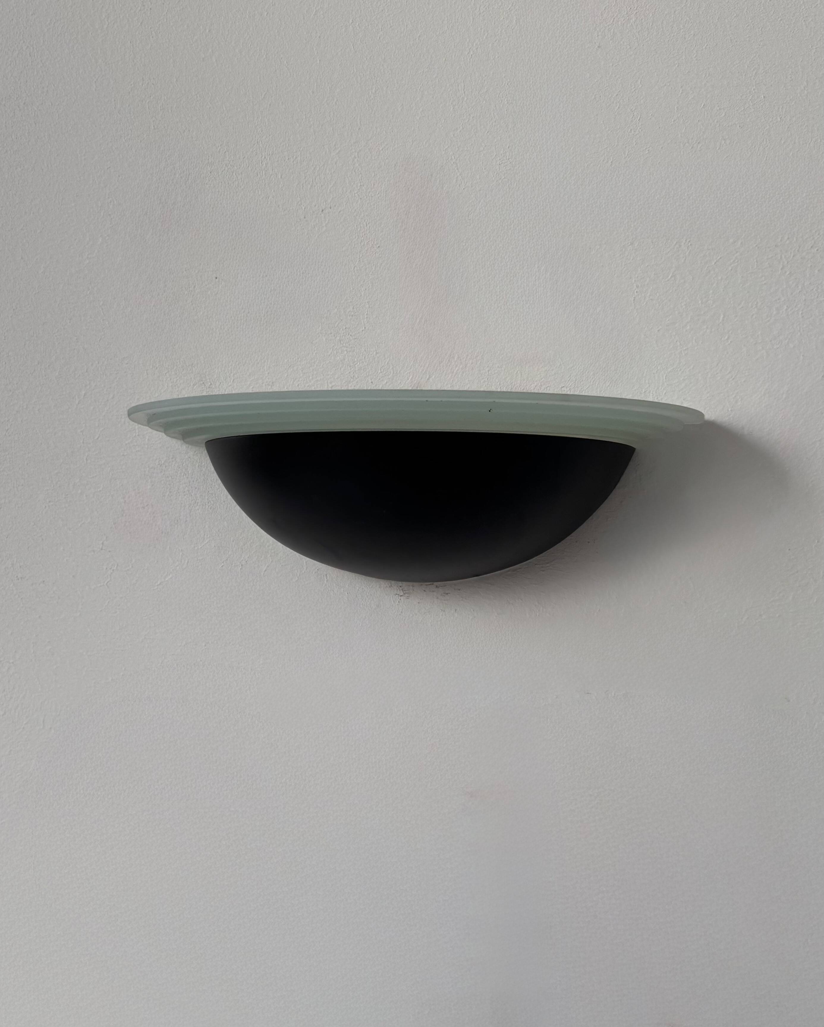 Vintage half-moon wall light, sandblasted glass and black lacquered metal, France, 1970
