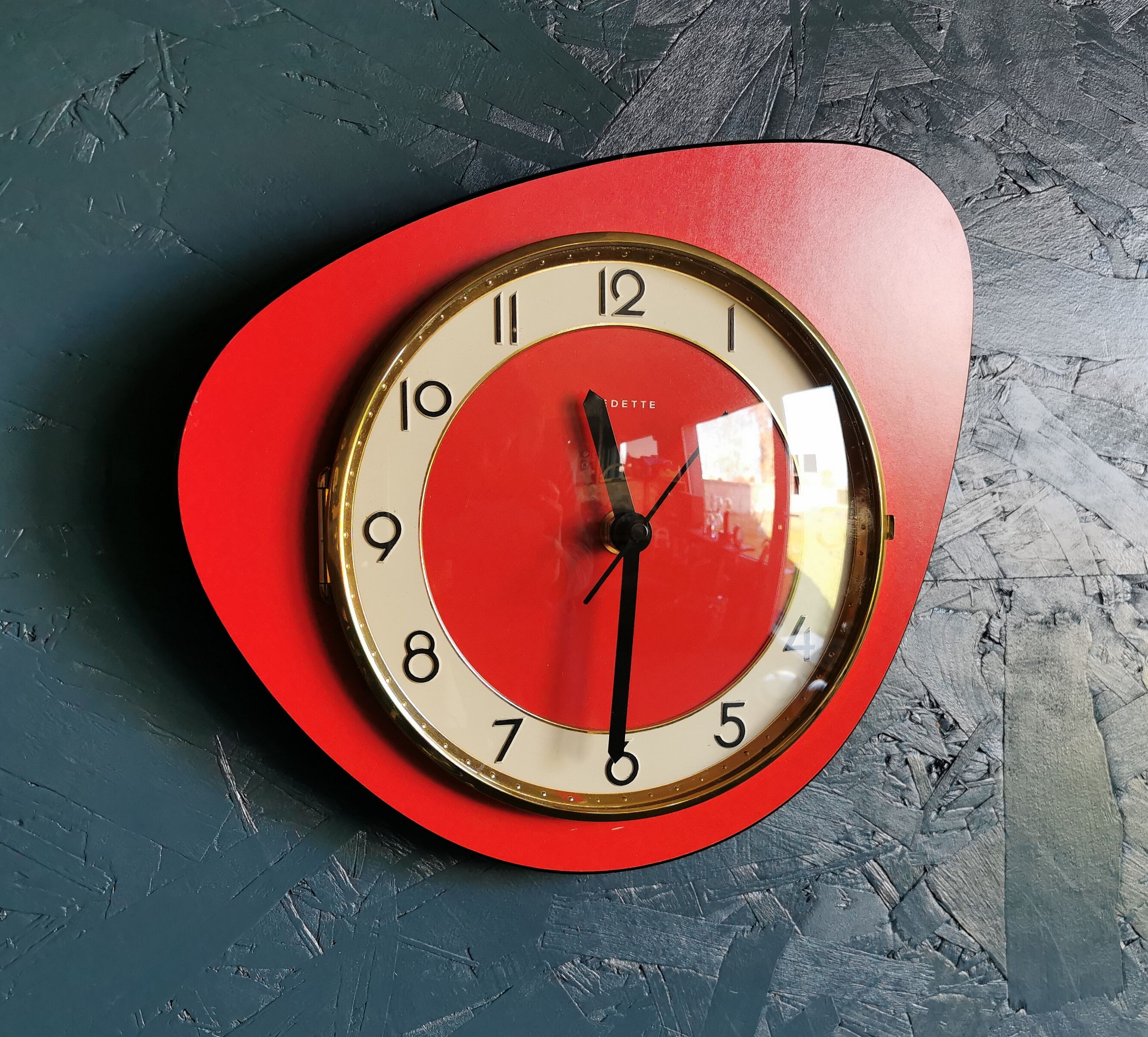 Vintage formica clock asymmetrical silent wall clock "Red Star"