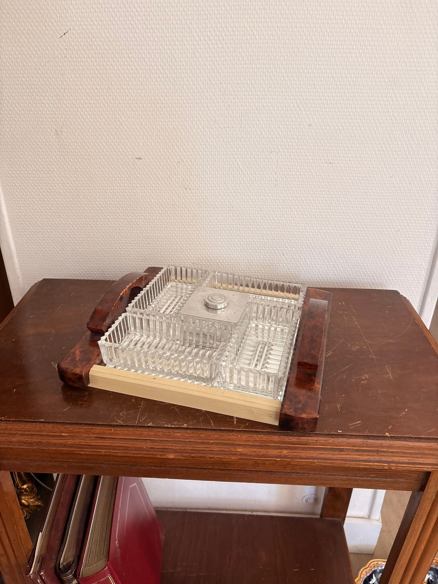 Vintage Serving Tray Aperitif Handle Thuya Walnut Art Deco Mirror Platter