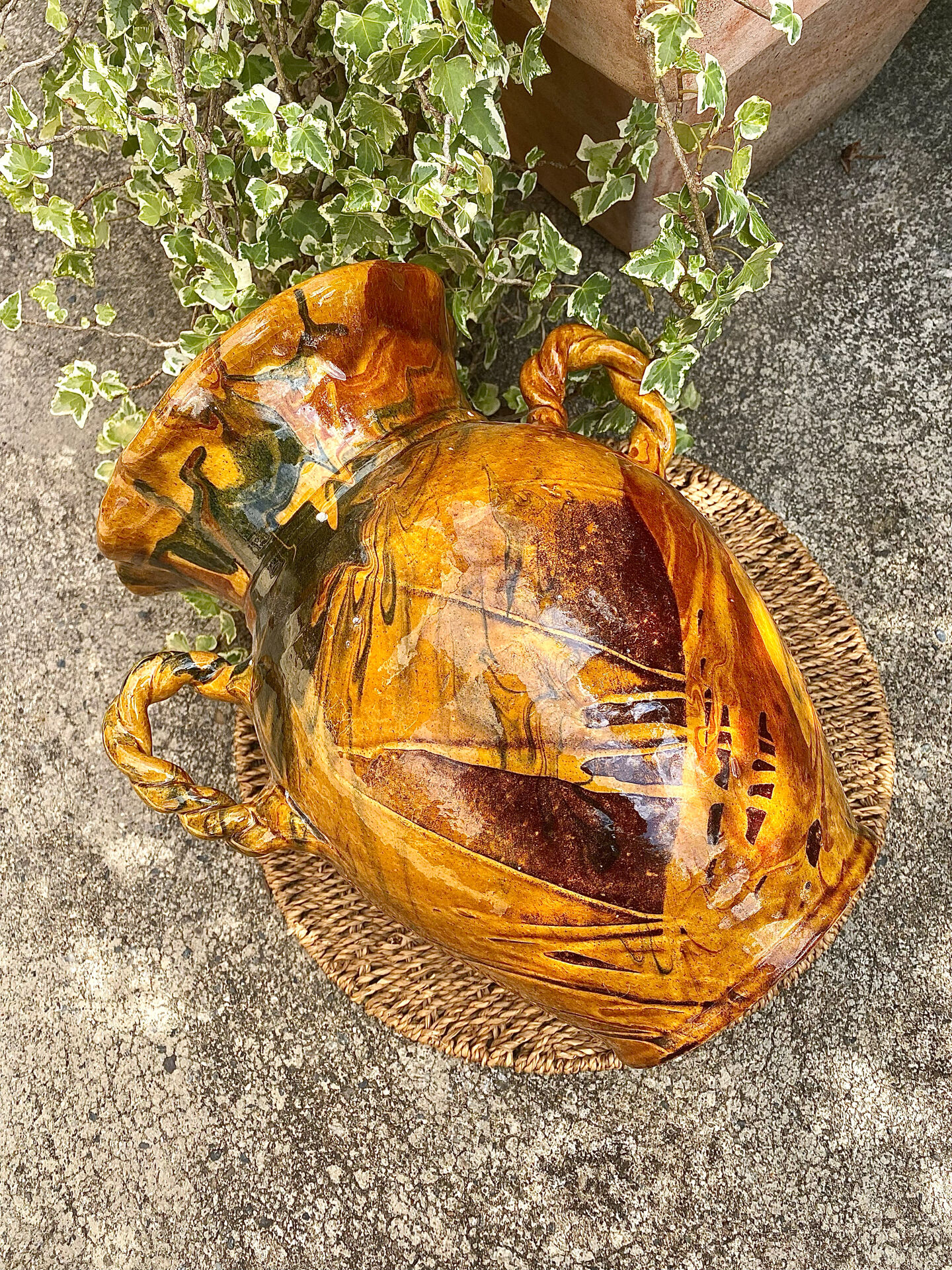 Ancient large vase in glazed speckled terracotta