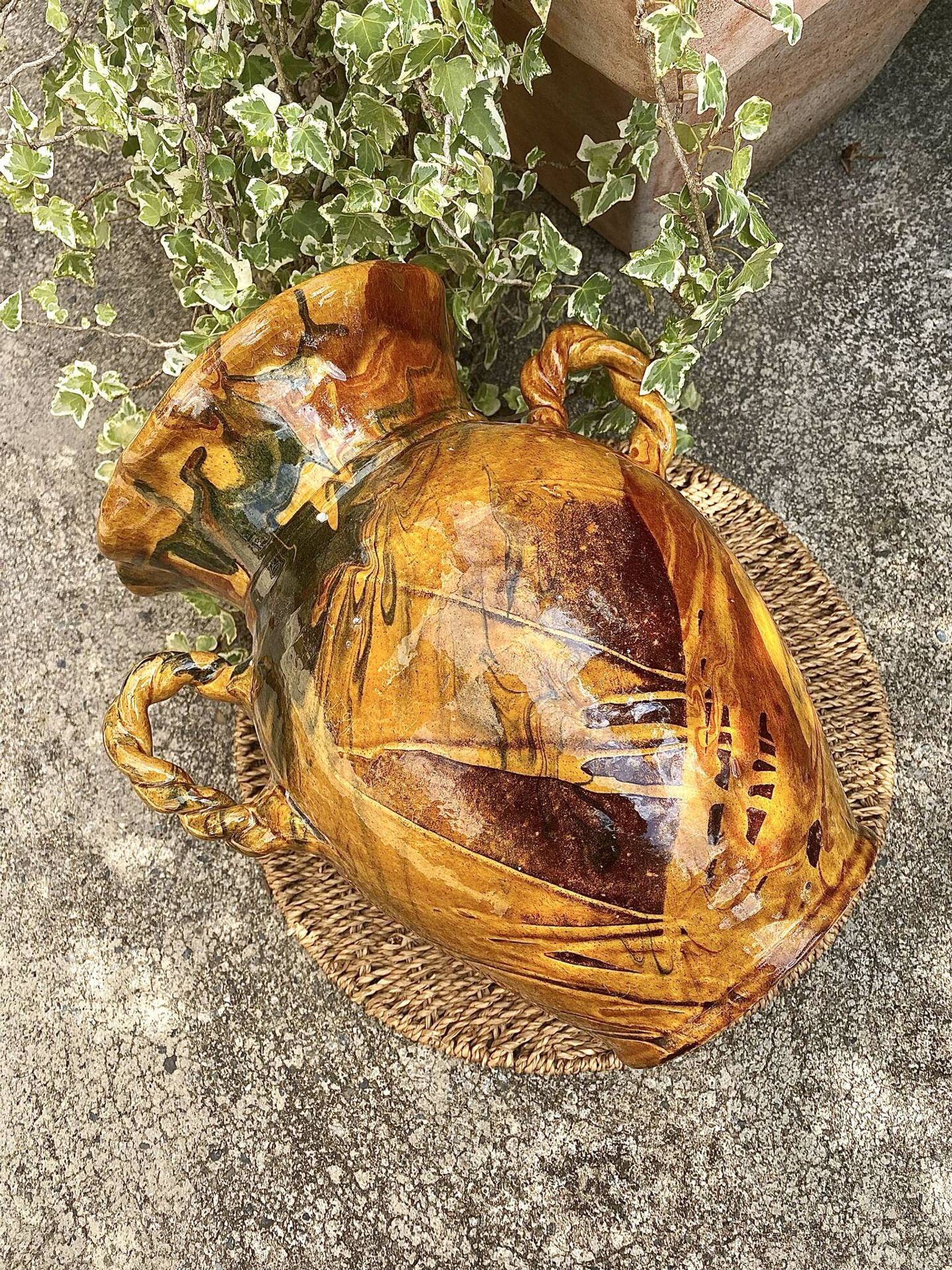 Ancient large vase in glazed speckled terracotta