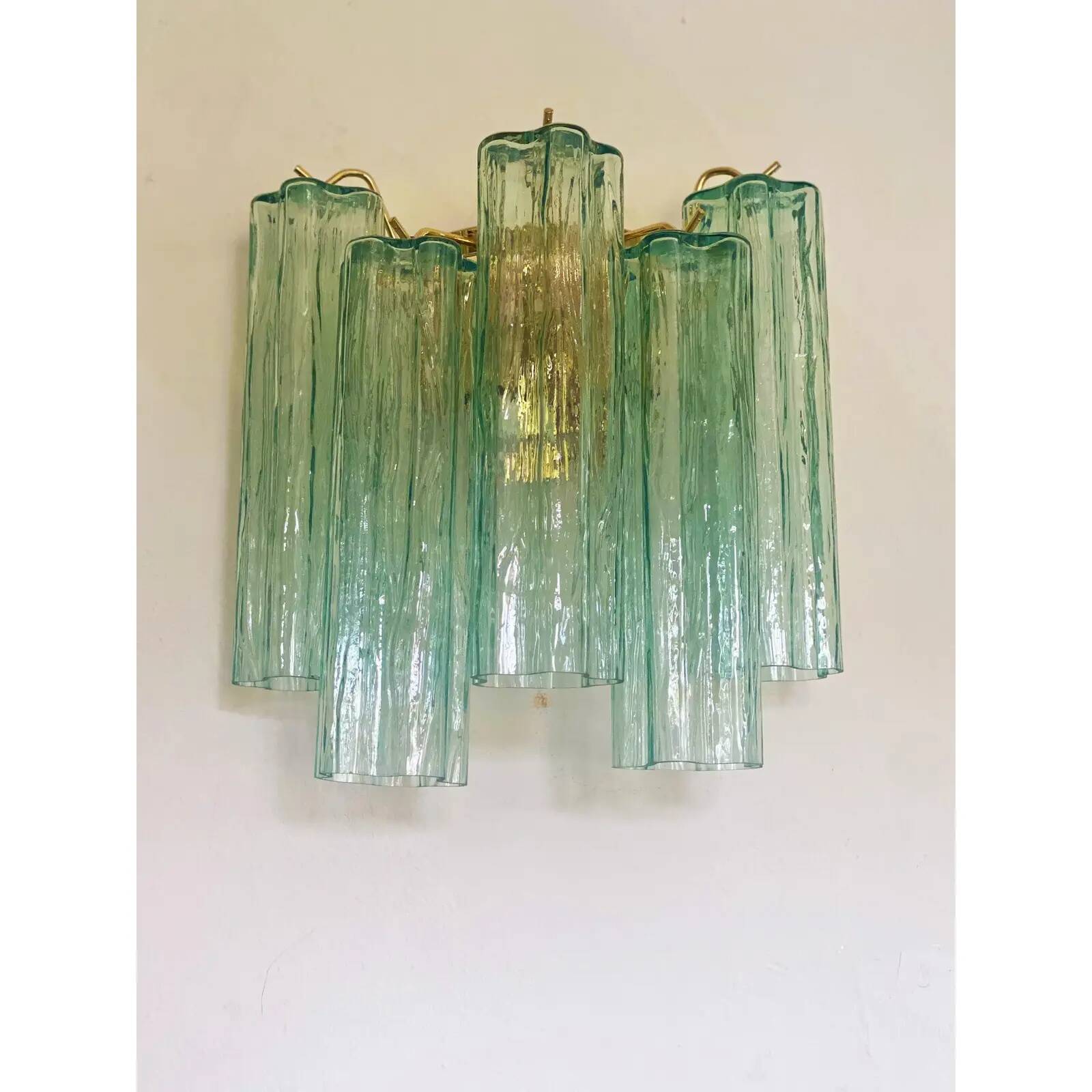 Pair of Contemporary Italian Murano Glass “Tronchi” Wall Sconces in Green