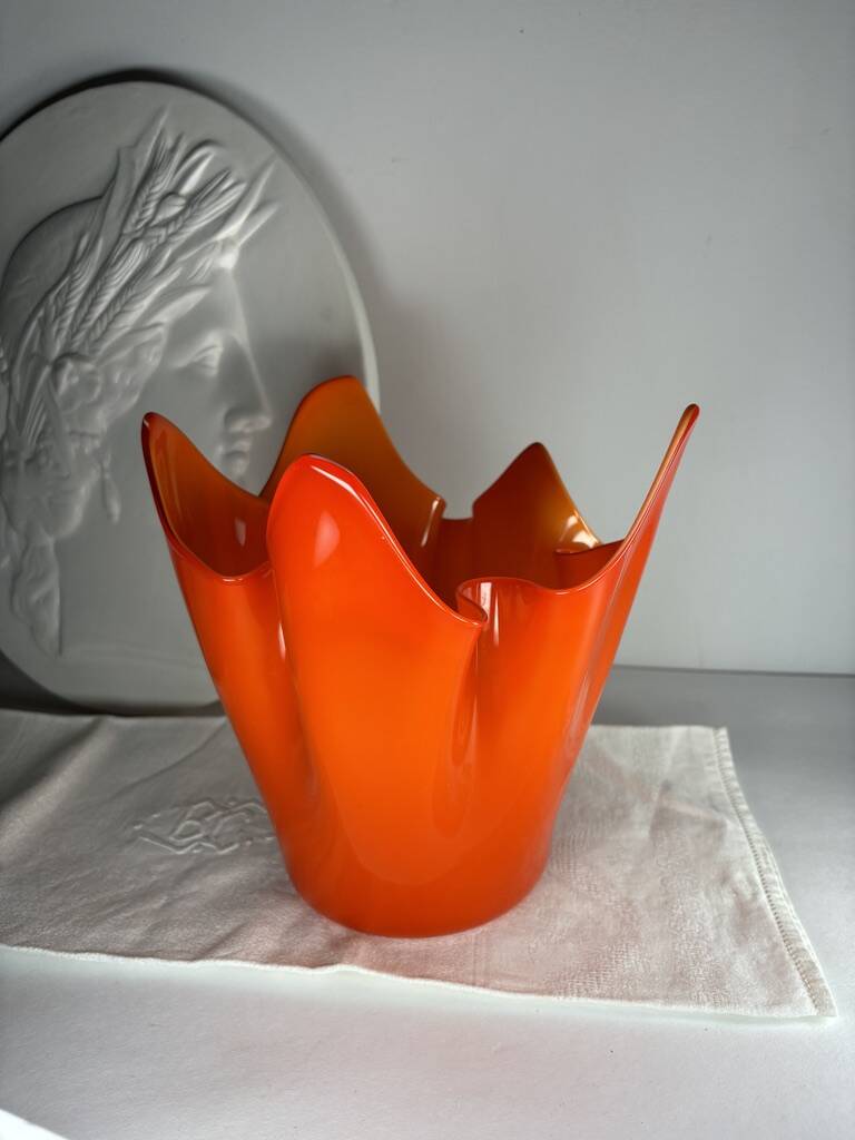Murano orange handkerchief vase large 1970 Italy
