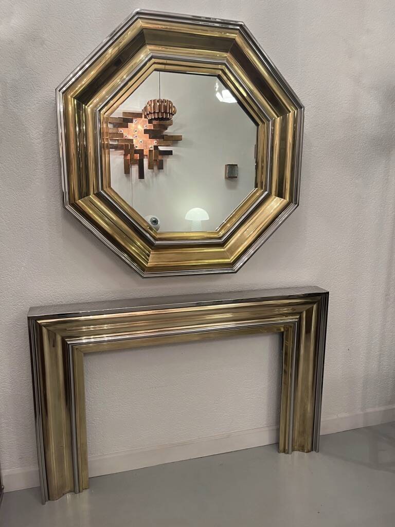Sandro Petti enormous octagonal mirror brass chrome 1970s Maison Jansen