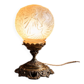 Art Deco lamp signed by Muller Frères in glass paste – beige-pink globe with bird motif – a rarity and a beautiful signature.
