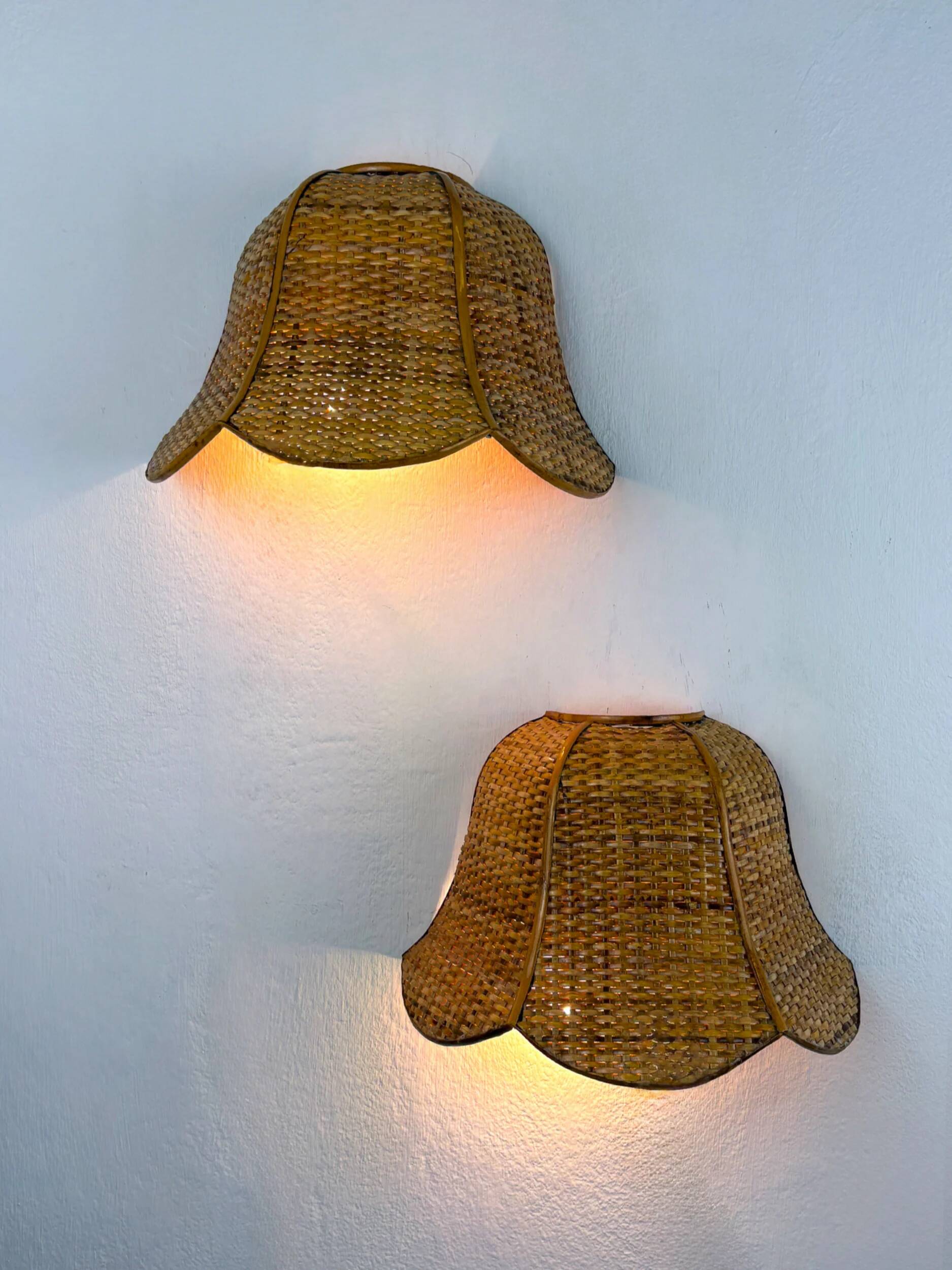 Pair of vintage woven rattan wall shades, Italy 1970s