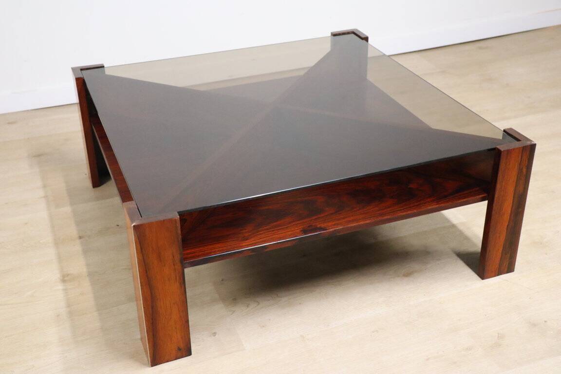 Scandinavian coffee table Mobelintarsia – Rosewood & smoked glass – 1960s