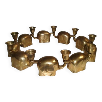 Set of 9 Art-Deco Brass Elephant Candle Holders / Candle Stands