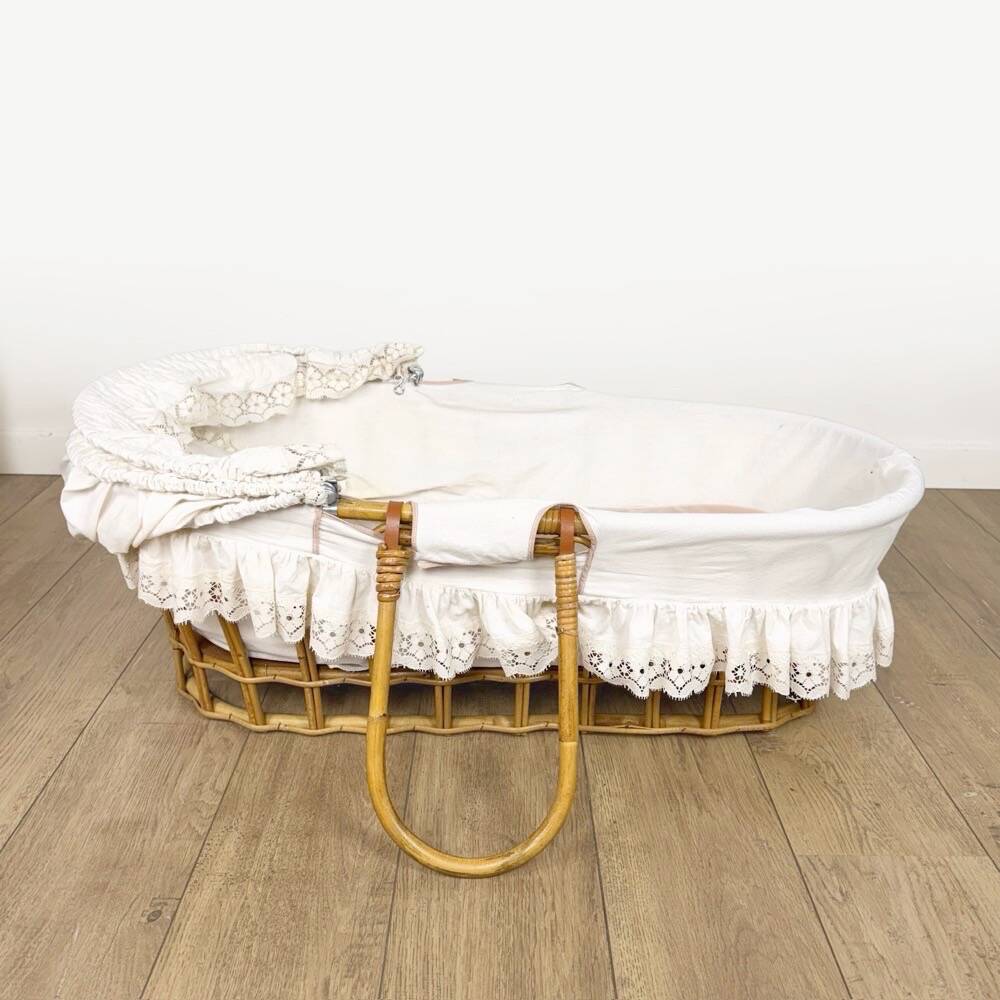 Bamboo bassinet on a stand, bohemian 1970s.