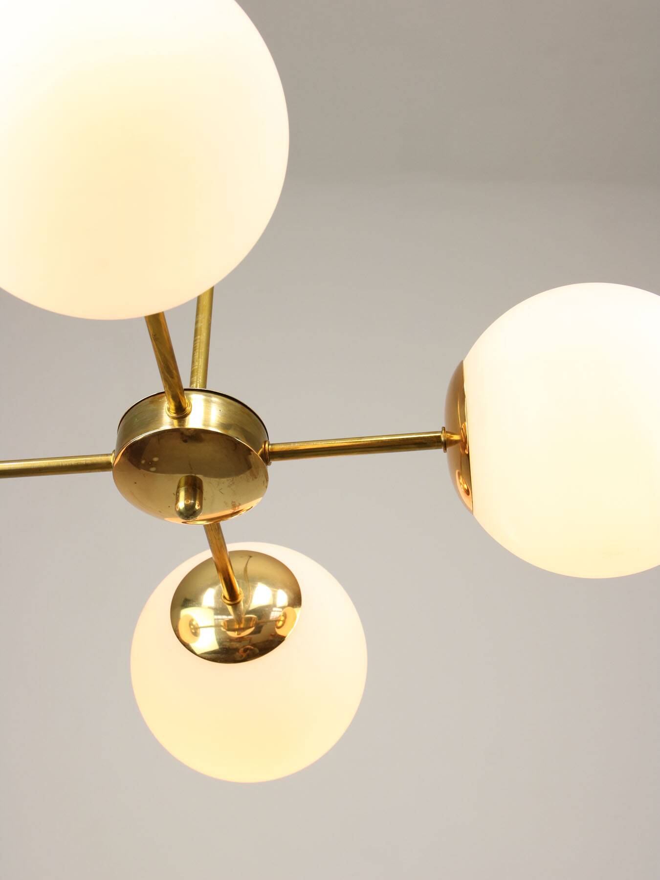 Italian Mid Century Golden Sputnik Chandelier with Opaline Shades, 1960s