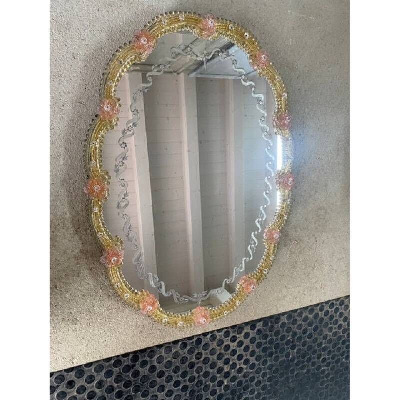 2000s Venetian Oval Gold and Pink Floreal Hand-Carving Mirror in Murano Glass Style