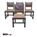 Suite of 4 Louis XIII chairs in oak and leather, early 20th century