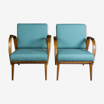 Pair of Renovated Chairs, Czechoslovakian Vintage by Jitona, Beech and Blue Fabric 1960s
