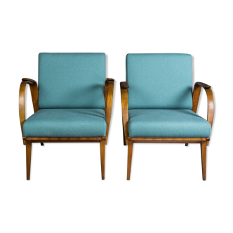 Pair of Renovated Chairs, Czechoslovakian Vintage by Jitona, Beech and Blue Fabric 1960s