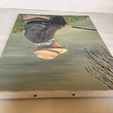 Tableau pêcheur à la ligne huile sur toile signée