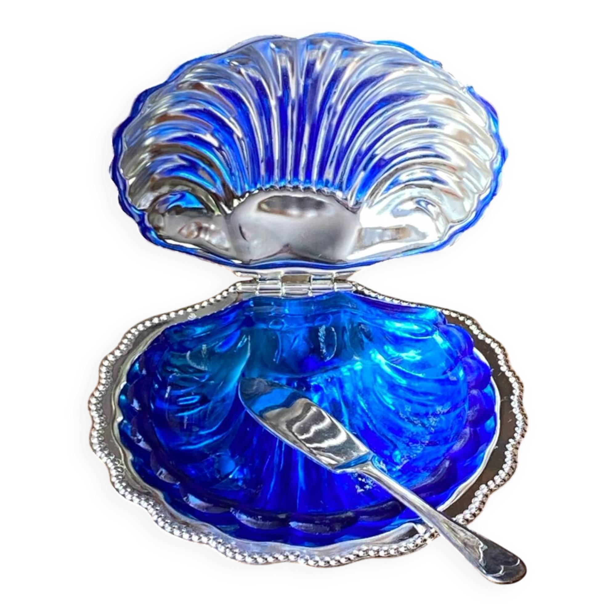 Beurrier coquille avec couteau, plaqué argent, Queen