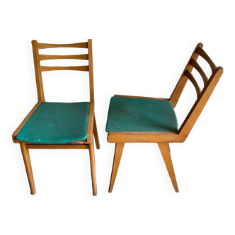 Chaises vintage années 50/60 bois assise tissu vert canard