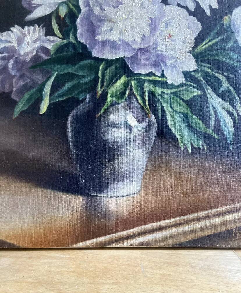 Tableau Ancien -peinture à l’huile - les Pivoines Blanches