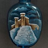 Mary Gregory enamelled glass vase snow decoration on art nouveau blue background 1900