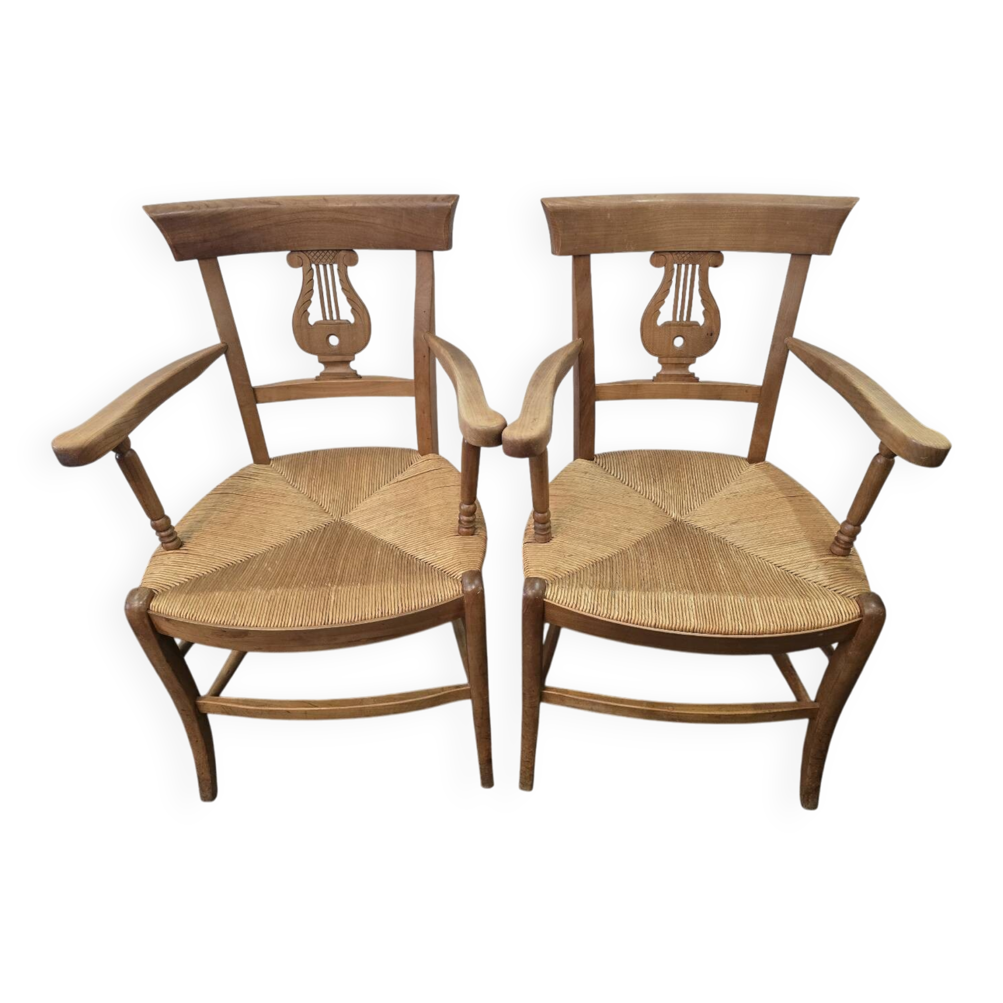 Pair of antique lyre-shaped armchairs – woven straw seats