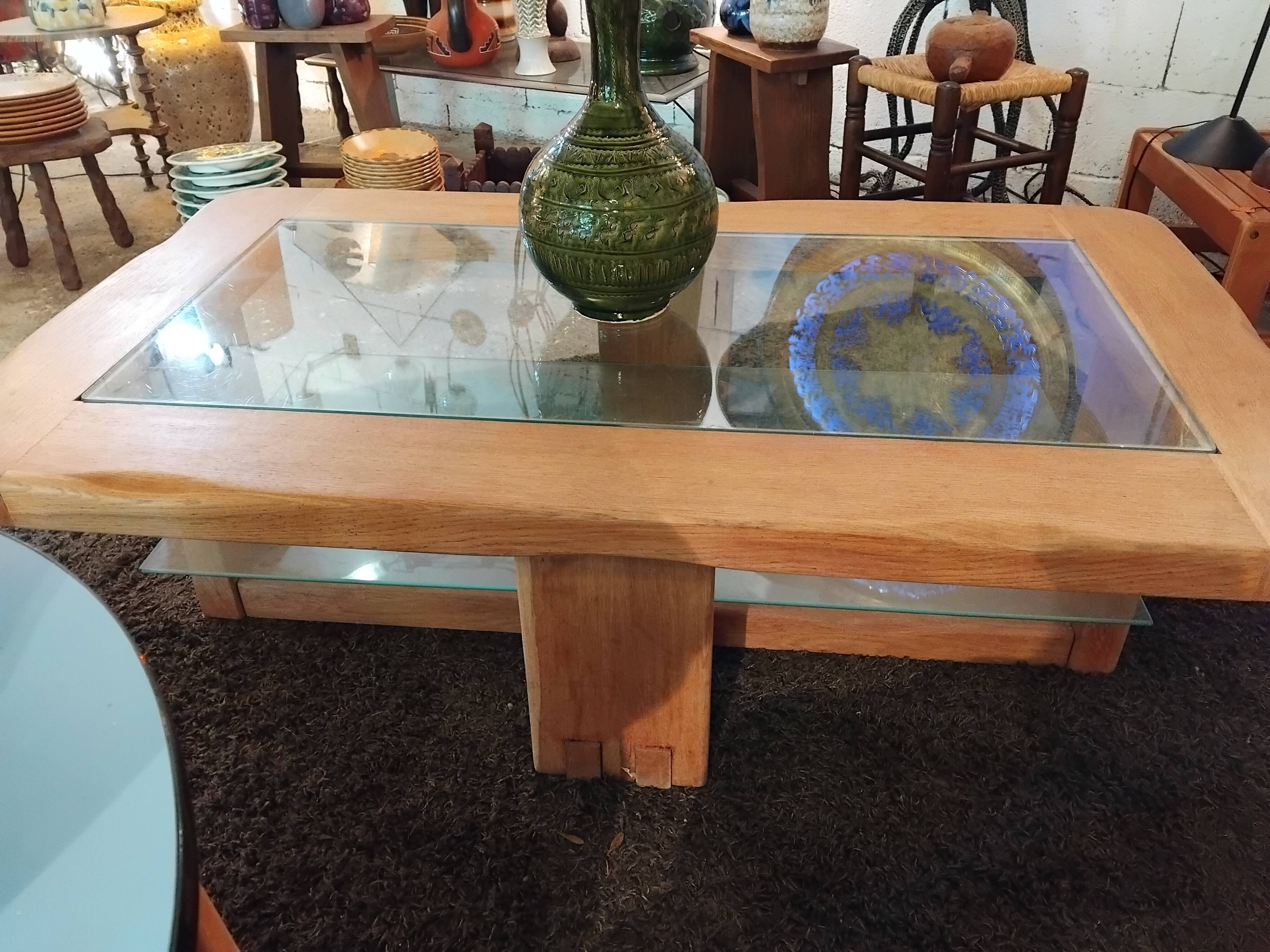 table basse vintage en chêne massif double plateteau verre