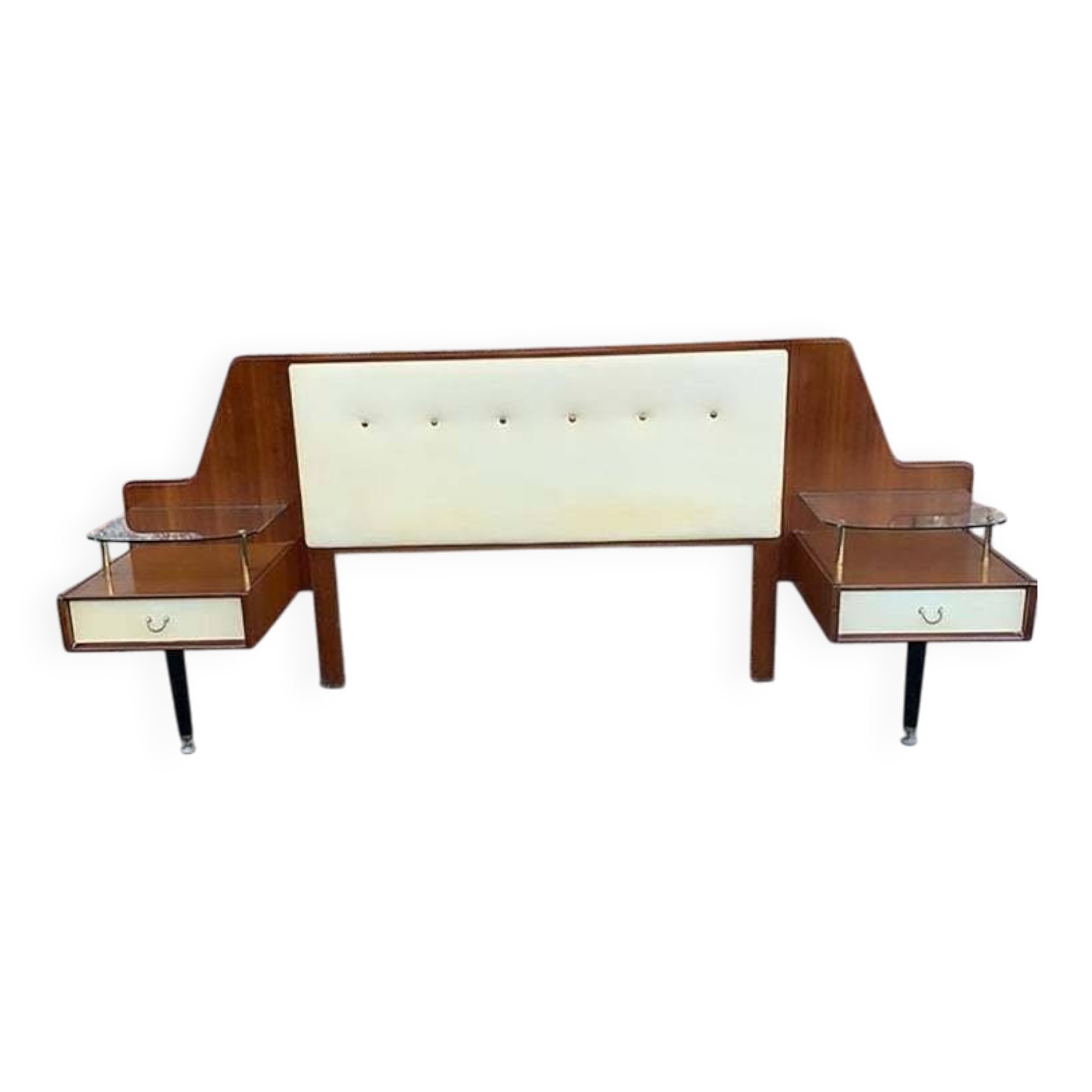 G-Plan headboard from the 1960s in brown wood, with integrated bedside tables and glass tops.
