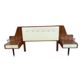 G-Plan headboard from the 1960s in brown wood, with integrated bedside tables and glass tops.