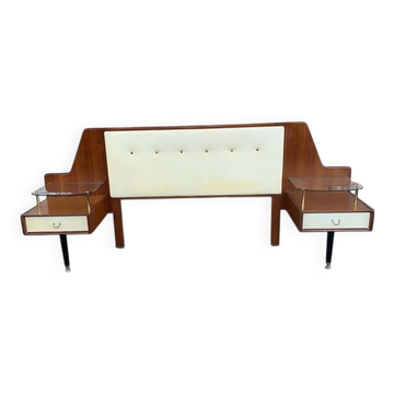 G-Plan headboard from the 1960s in brown wood, with integrated bedside tables and glass tops.