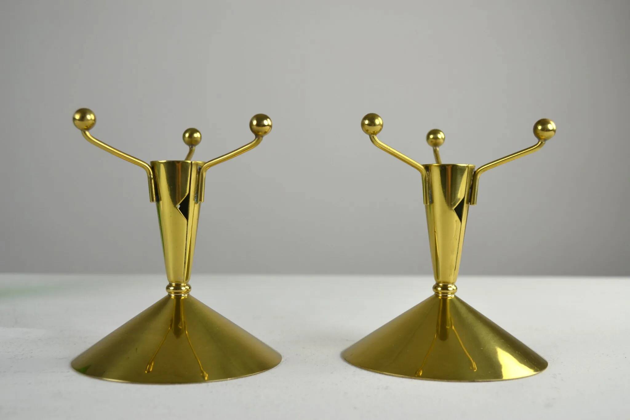 Pair of Brass & Green Glass Candleholders — Gunnar Ander for Ystad-Metall, Sweden, 1960s