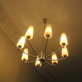 Italian brass and art glass chandelier, 1970s