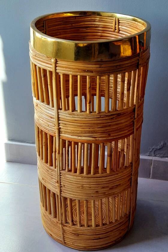 Brass and rattan umbrella stand 1970
