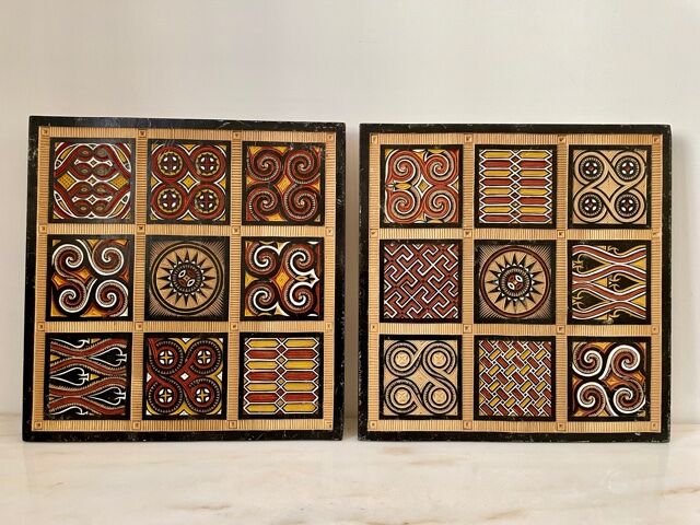 Duo of panels Imigongo carved wood Rwanda 1970