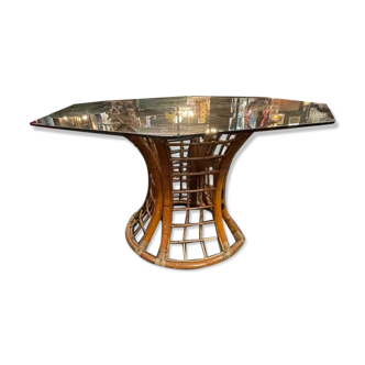 Table pied bambou & verre fumé