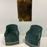 Duo of upholstered blue toad armchairs