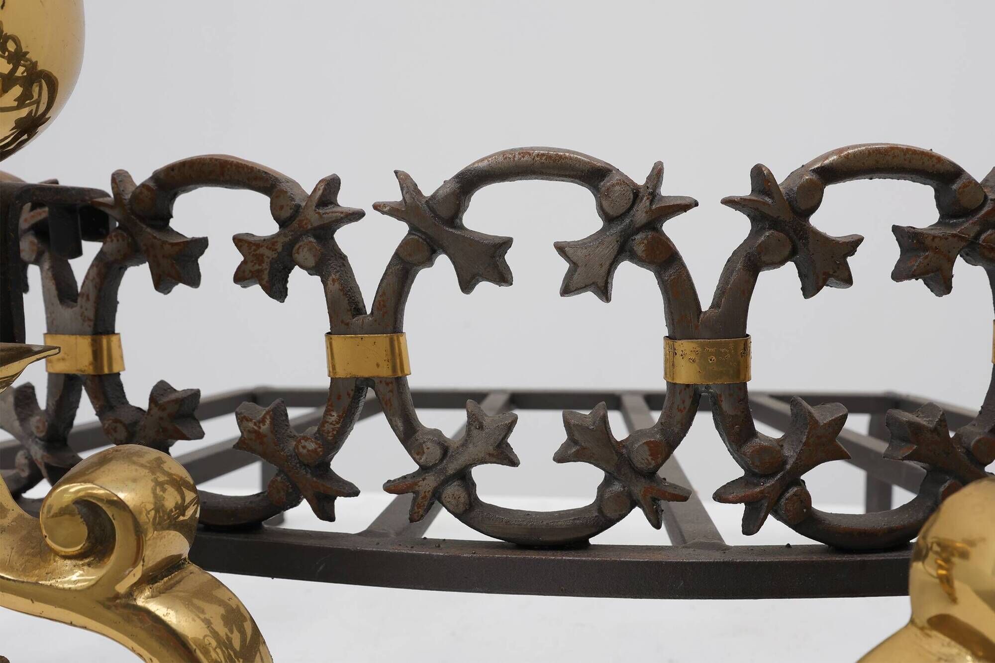 Pair of French Brass Firedogs and Wrought Iron Fireplace Grate, 20th Centur