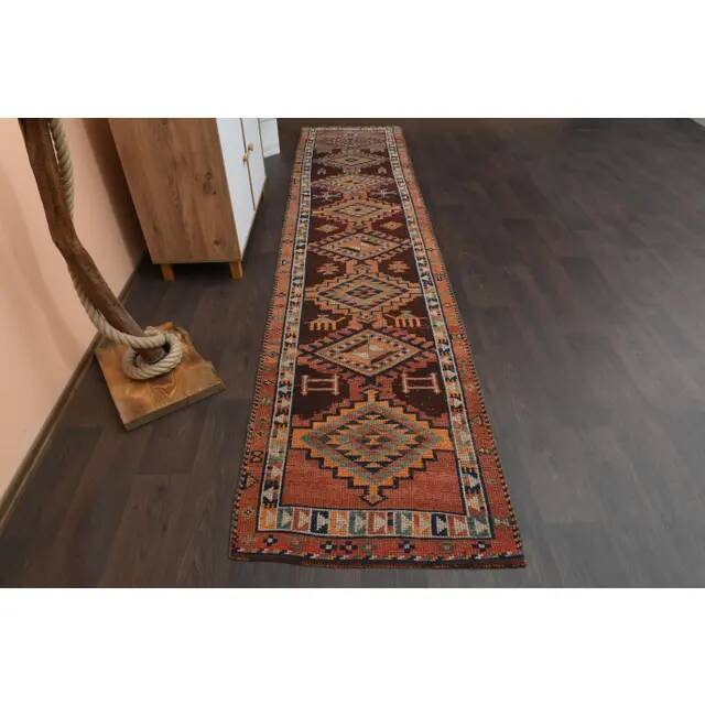 1970s Vintage Turkish Handmade Wool & Cotton Orange Runner Rug 80x356
