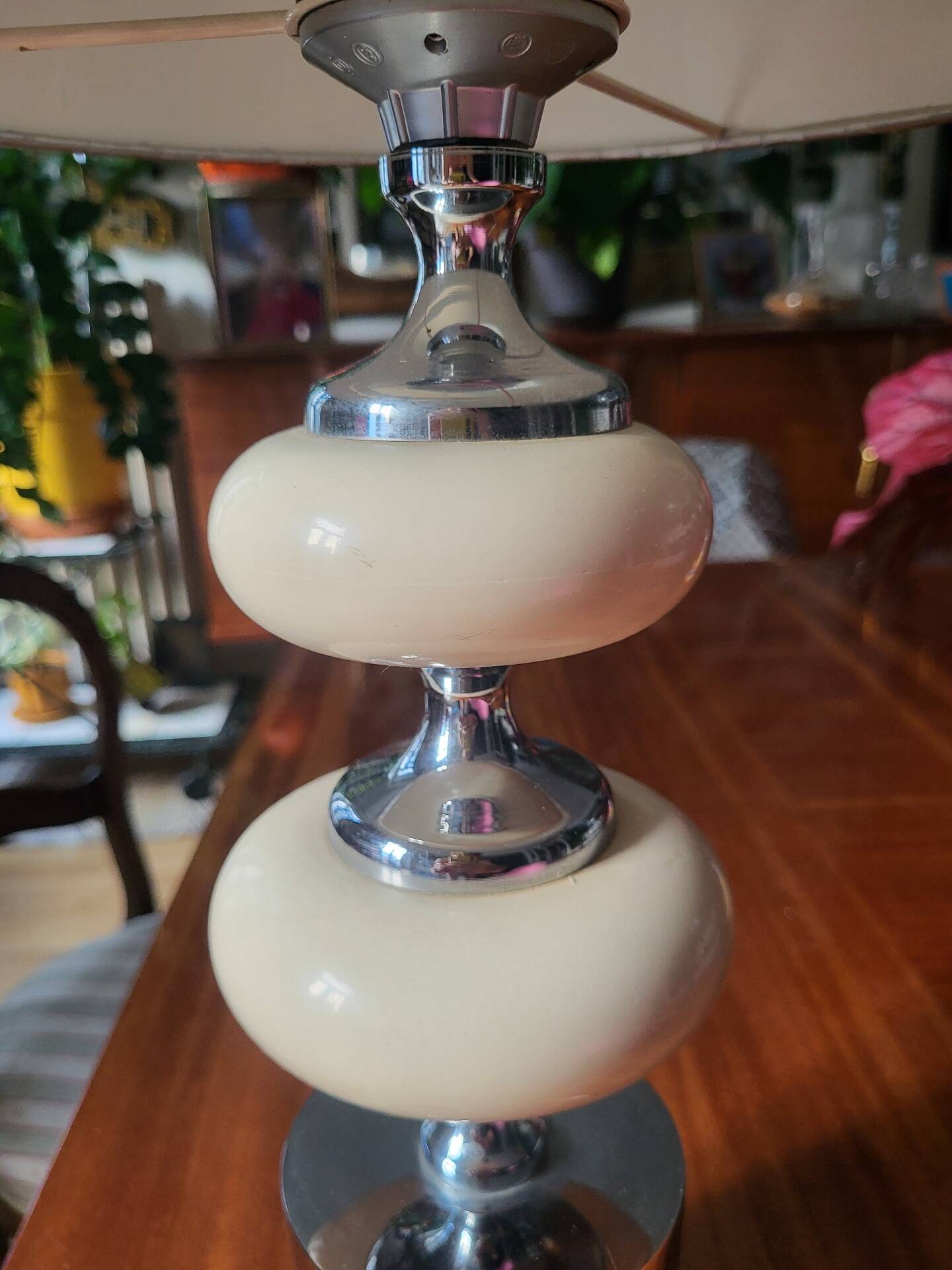 Large Vintage 1970 Space Age Chrome & Wood Lamp