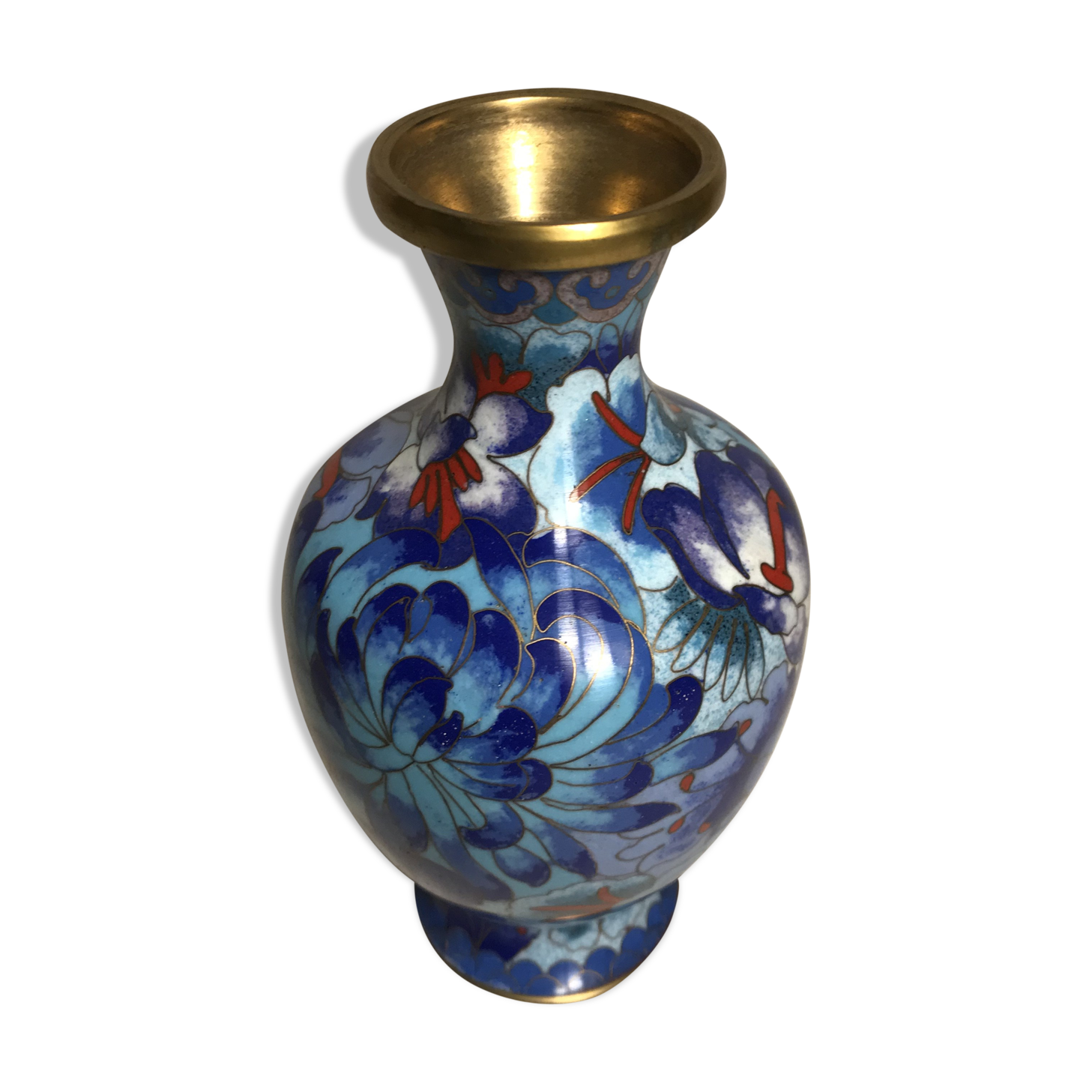 Old brass enameled flowers drawings cloisonné Vase Decoration Vintage