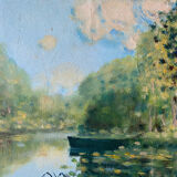 HSP table: "Small corner of river with boat" early XX° monogrammed