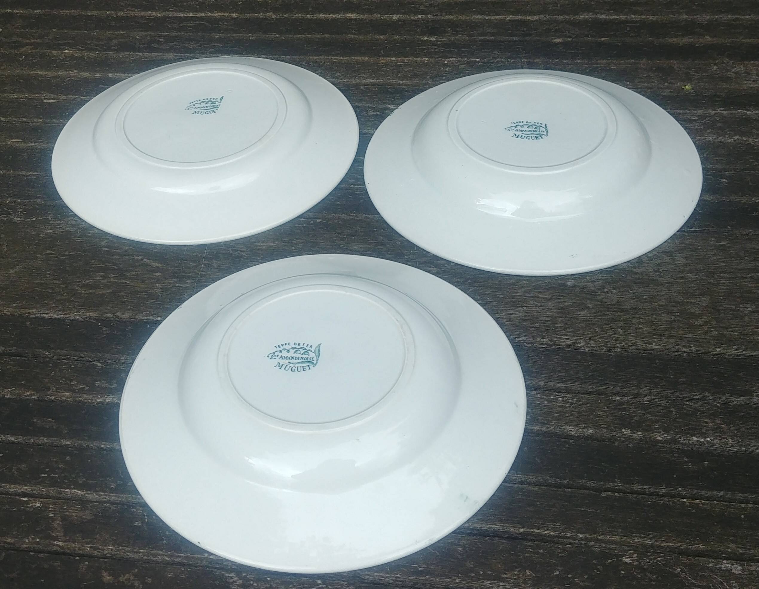 Set of three iron earthenware plates from the St Amandinoise earthenware factory, lily of the valley model.