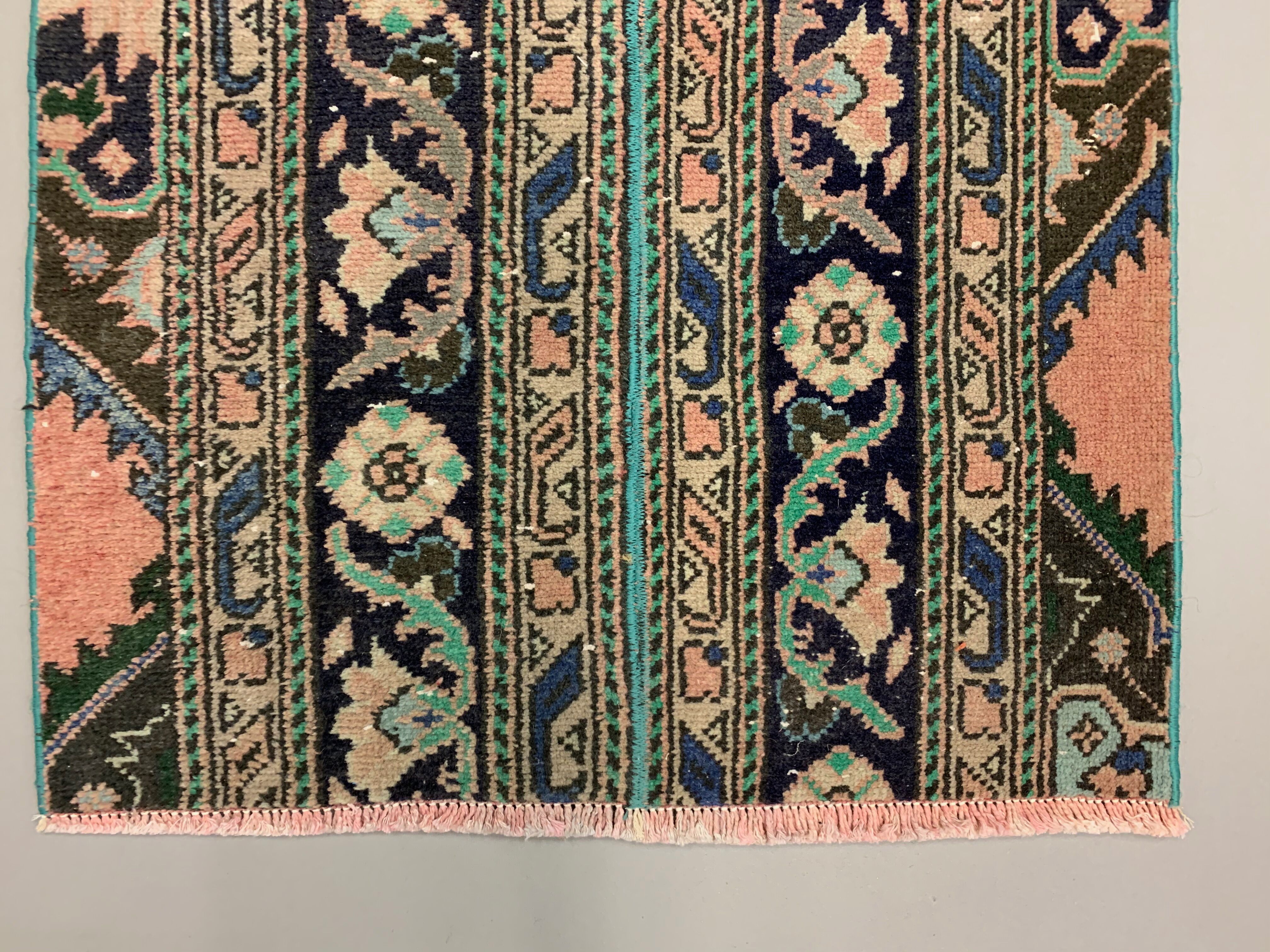 Distressed Turkish Rug 130x67 cm Vintage Shabby, Runner, Green, Brown Small