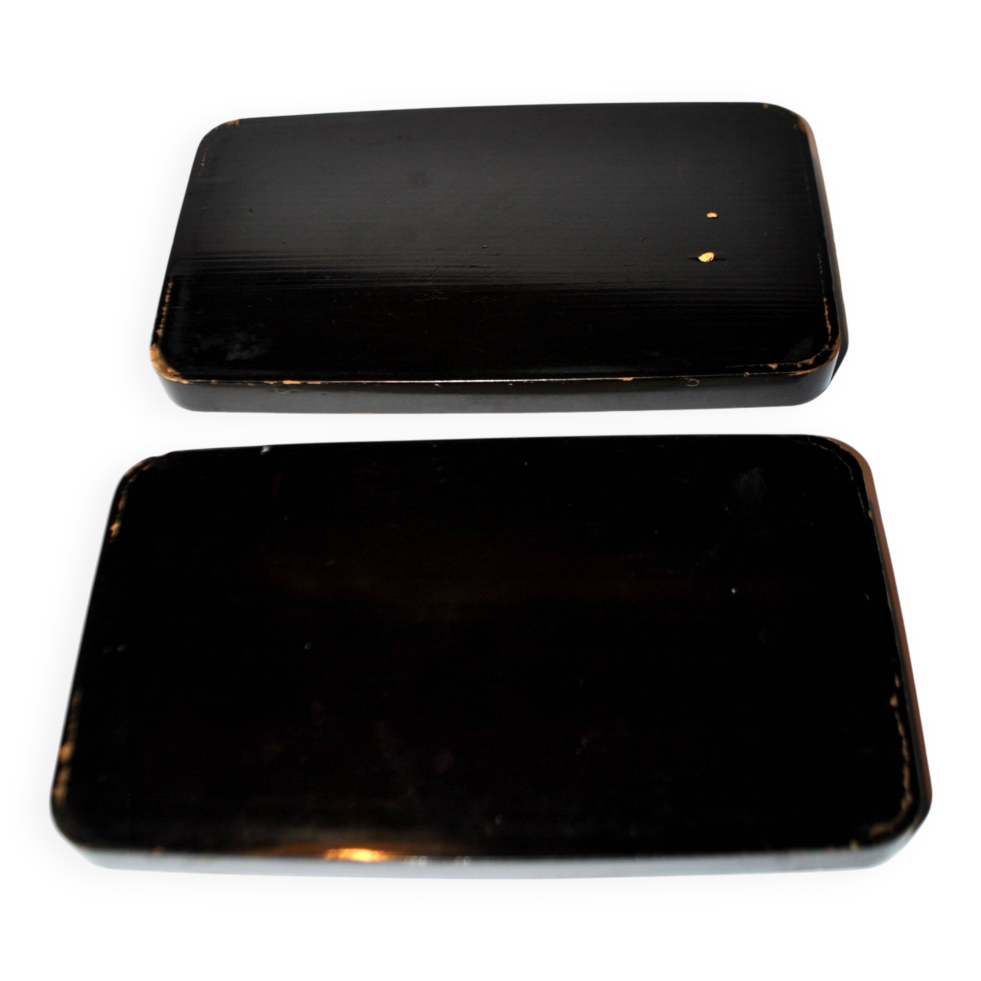Set of two brown and black Chinese lacquer trays with bird decor