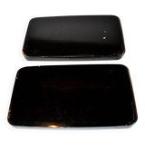 Set of two brown and black Chinese lacquer trays with bird decor